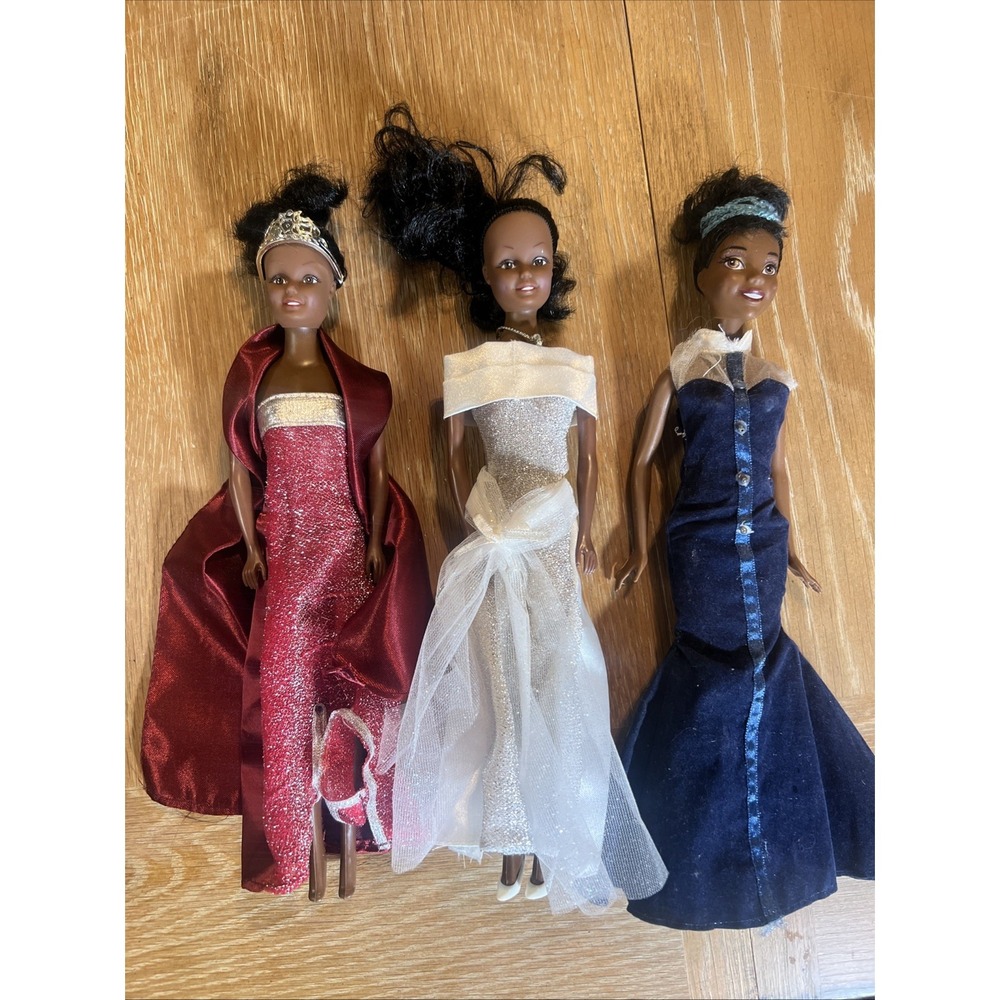 3x Vintage African American Mattel Barbie Dolls Lot Evening Gowns